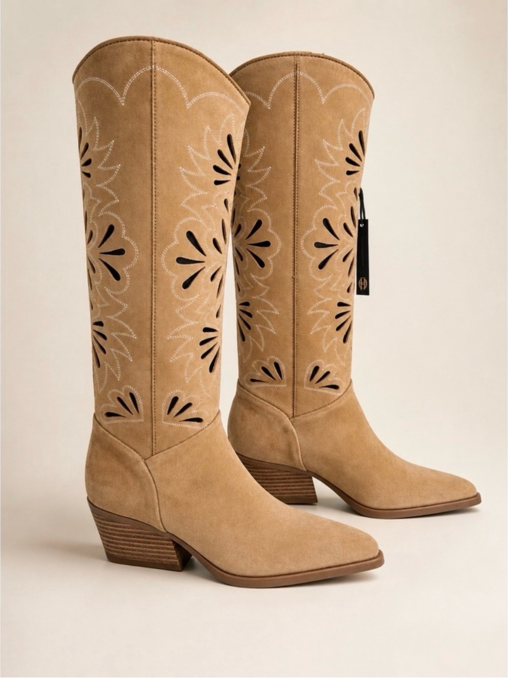 House of Harlow Vanessa Tan Suede Leather Laser Cut Western Boots